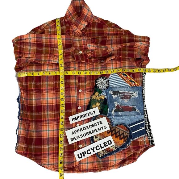 Upcycled Flannel Shirt Shacket Womens L Orange Grunge Patchwork Folk Art Skull - Picture 3 of 16